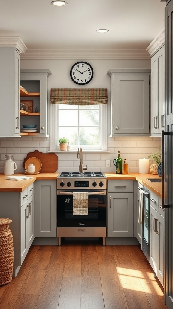 A cozy kitchen featuring light gray cabinets, wooden countertops, and natural light from a window.