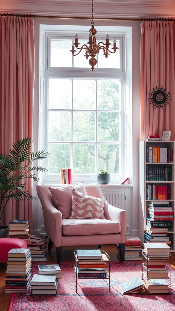 Cozy pink reading nook with an armchair, books, and natural light