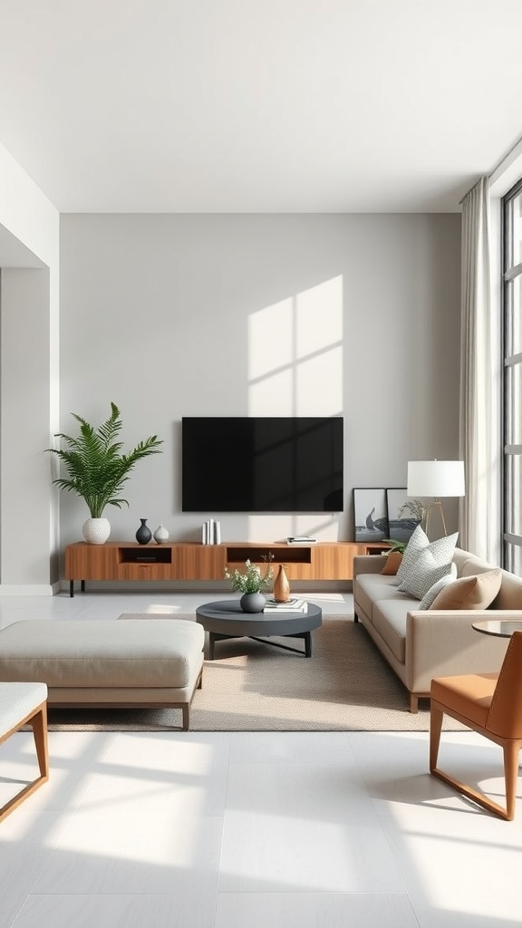 A minimalist living room featuring neutral colors, a modern sofa, and a wooden media console.