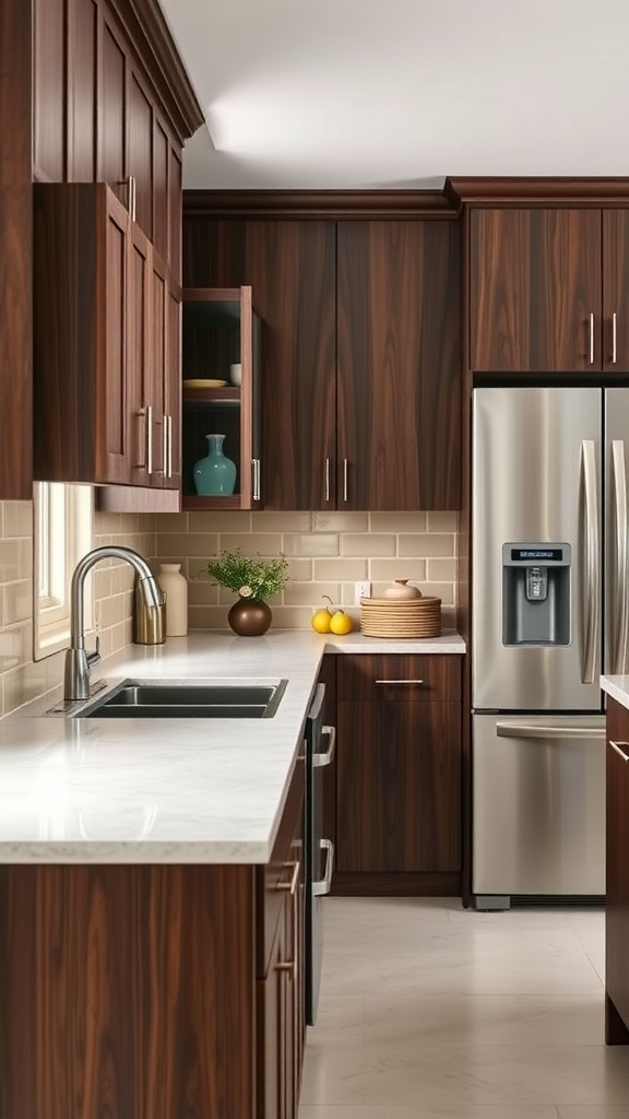 A kitchen featuring a creamy beige backsplash with rich brown cabinets and a modern stove.