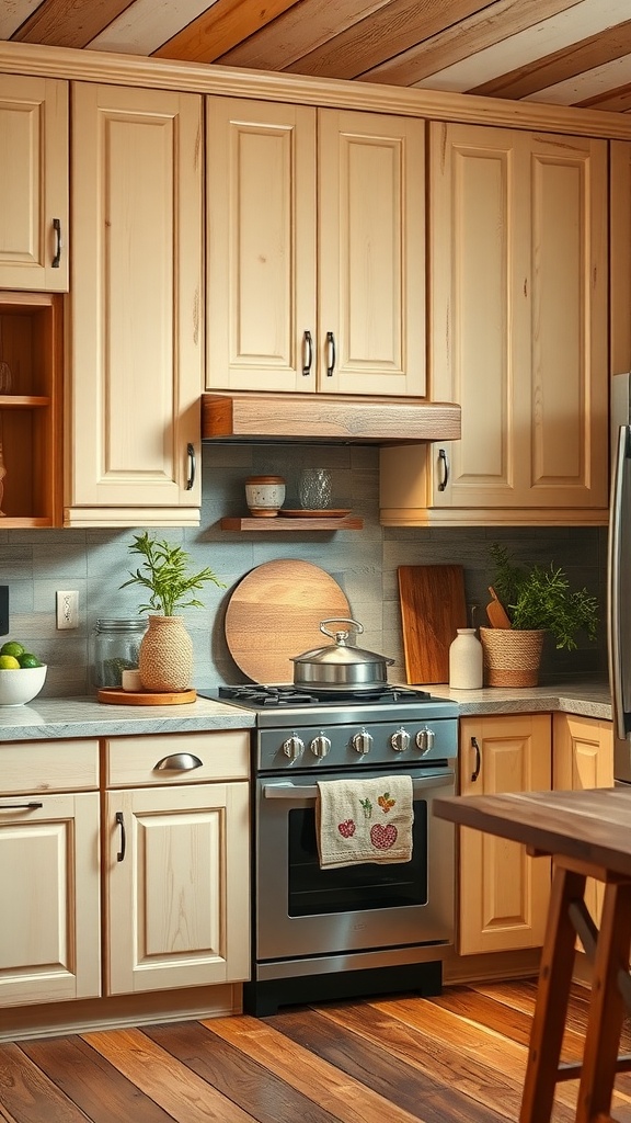 A kitchen featuring creamy beige cabinets with a cozy and warm design.