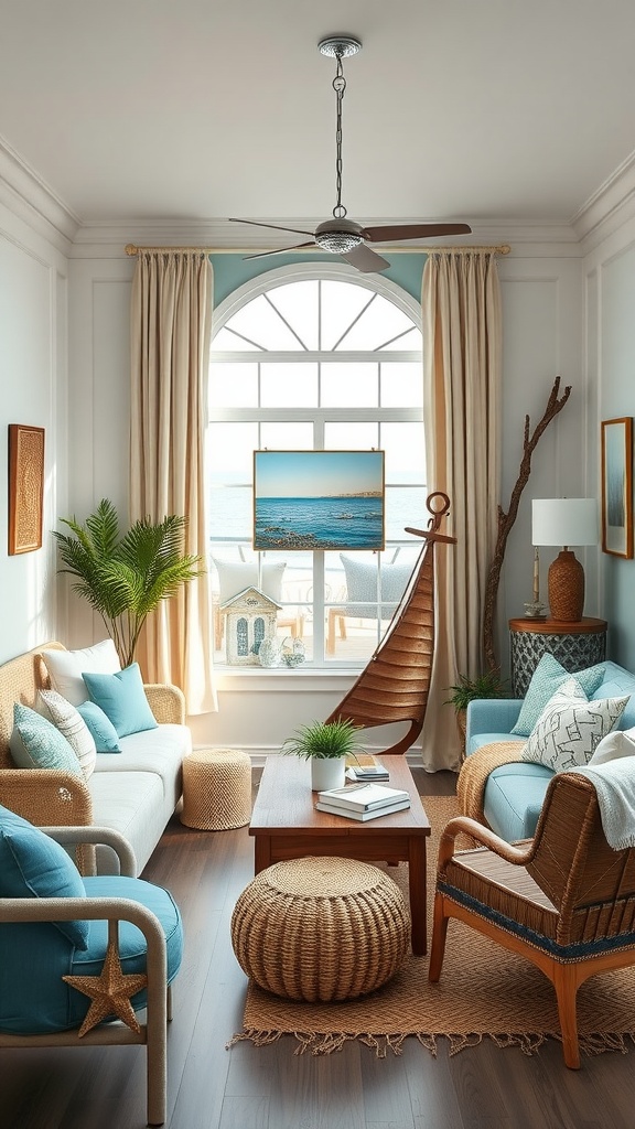 A bright living room with coastal decor featuring blue accents, woven furniture, and a view of the ocean.