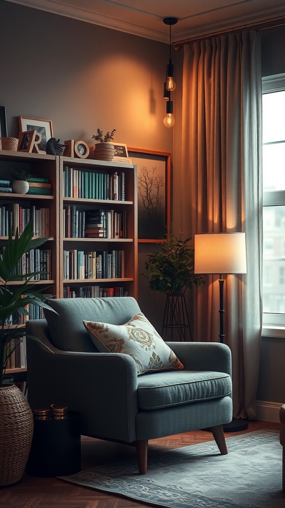 A cozy reading nook with a comfortable chair, warm lighting, and a bookshelf filled with books.