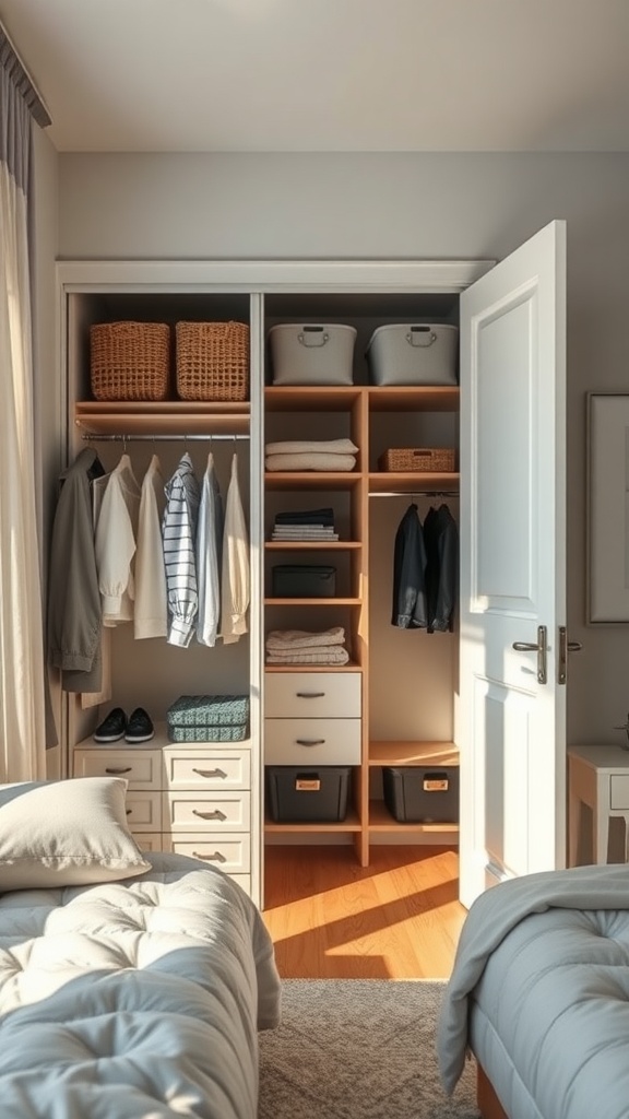 Organized closet with shelves, baskets, and clothing in a small bedroom