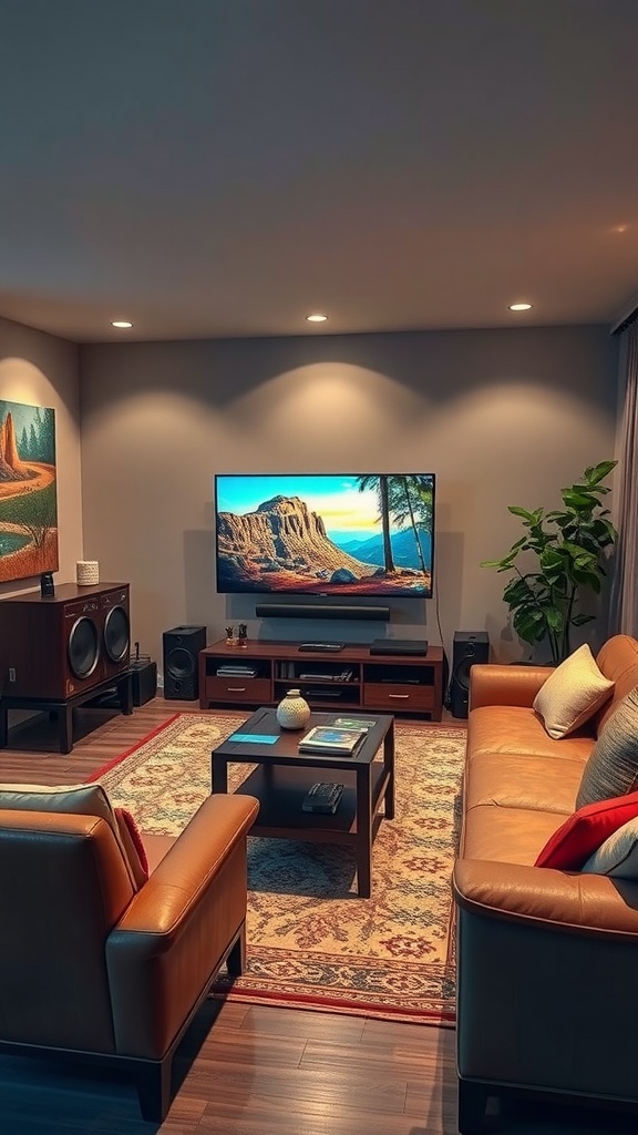 Modern living room with an entertainment setup featuring a large TV, comfortable seating, a coffee table, and a potted plant.