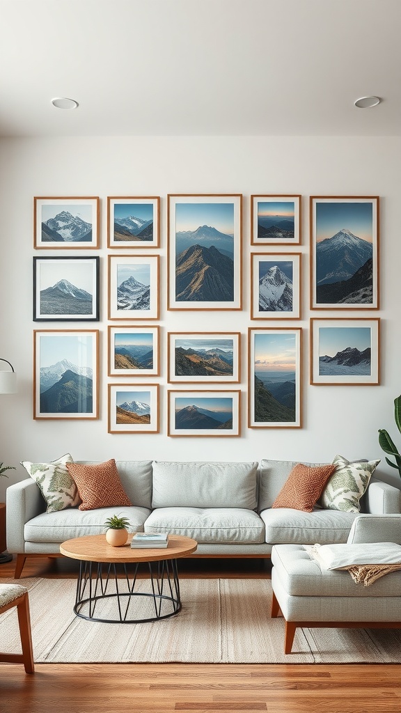 A cozy living room featuring a gallery wall of black and white framed photographs above a pink sofa.