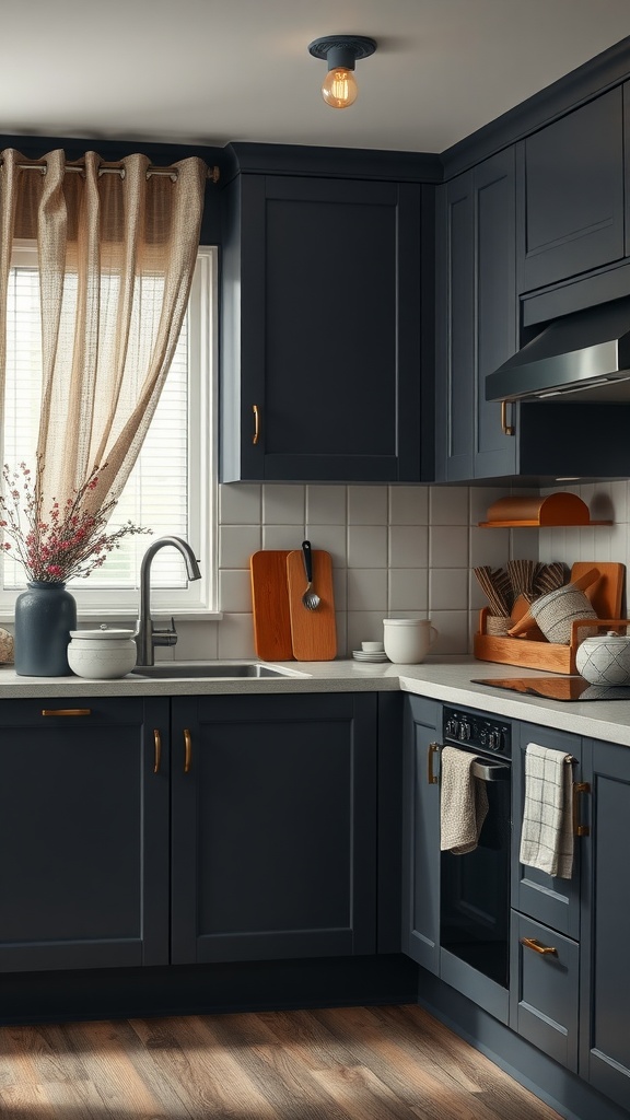 A cozy kitchen with dark gray cabinets, featuring soft curtains and kitchen textiles.