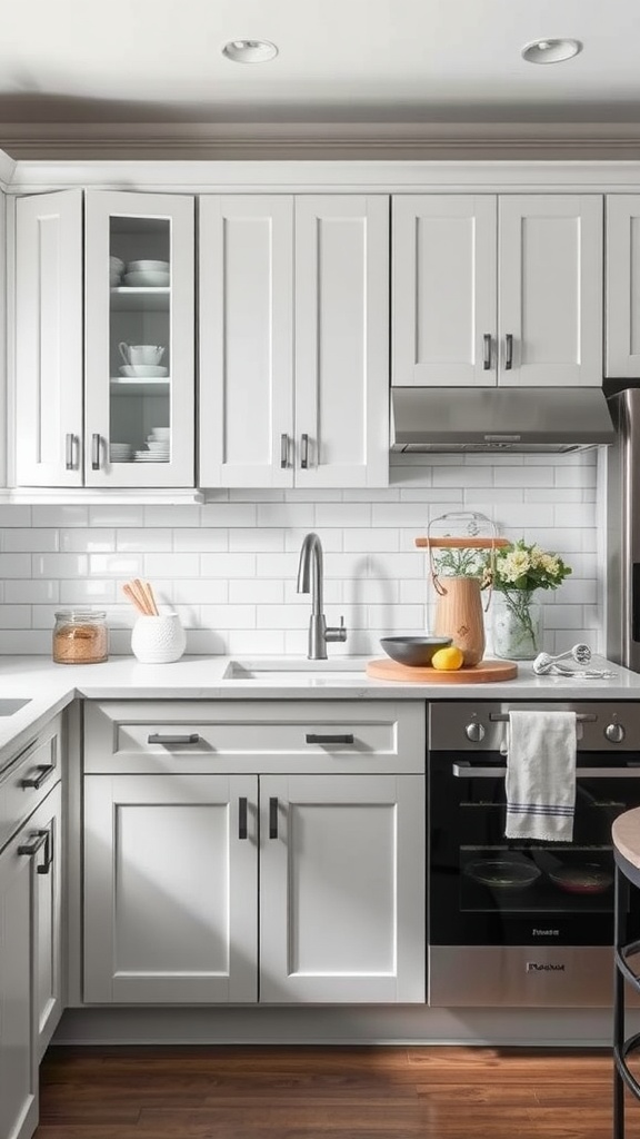 A modern kitchen with light gray cabinets, white subway tiles, and gold hardware.