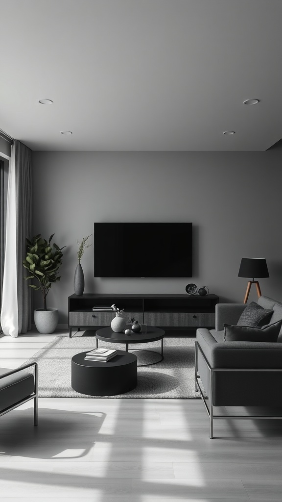 A modern black living room featuring sleek furniture, a TV, potted plants, and ample natural light