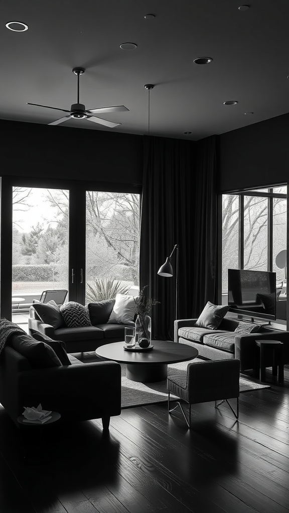 A modern black-themed living room with large windows connecting to the outdoors.