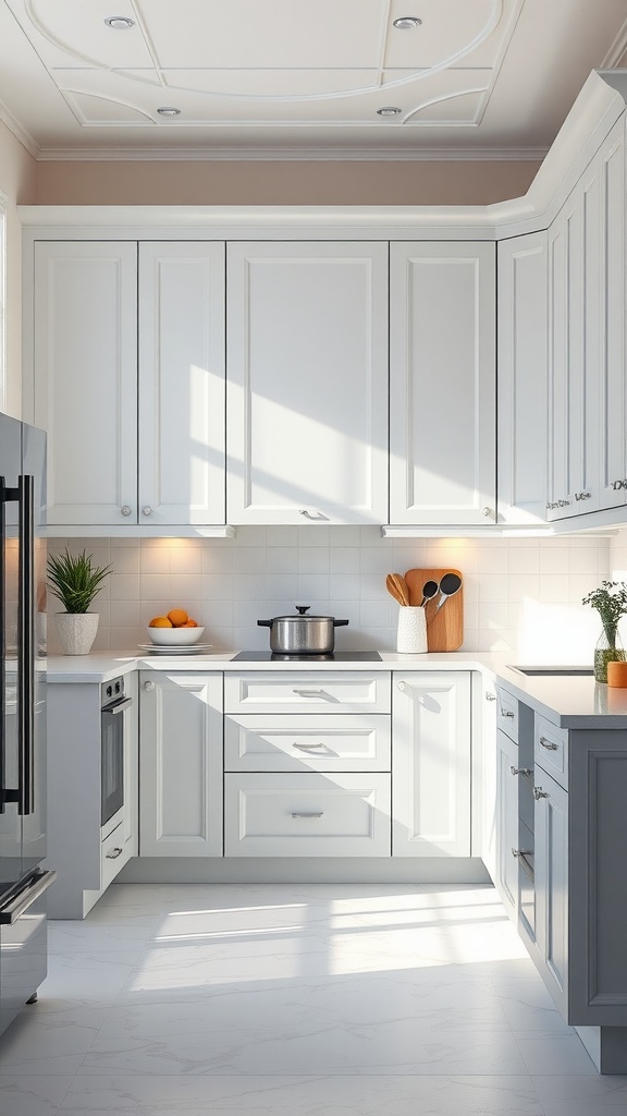 A modern kitchen with light gray cabinets and white accents, featuring a bright and clean aesthetic.