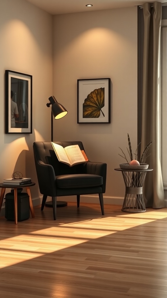 Cozy black living room nook with a black chair, warm lighting, and decorative elements