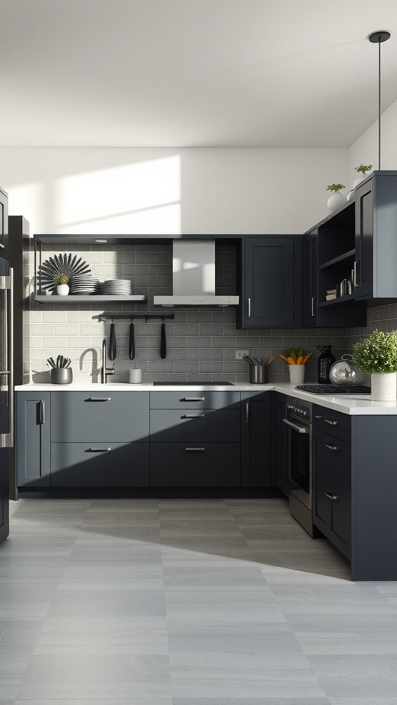 A modern kitchen with dark gray cabinets, complemented by light fixtures and a textured backsplash.