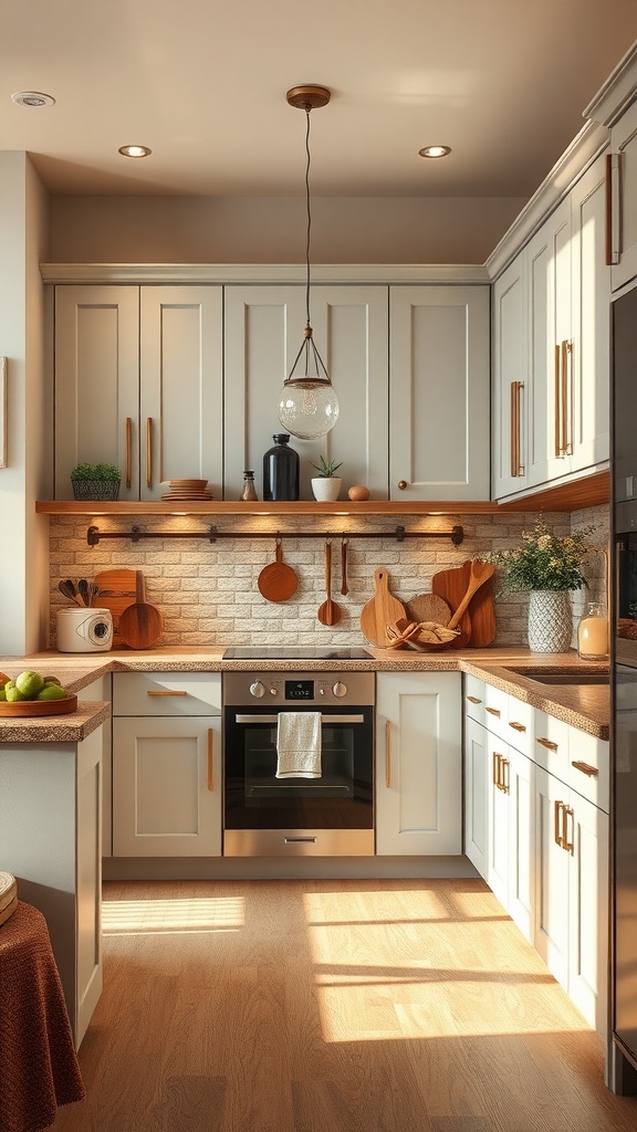 Cozy light gray kitchen with wooden accents and warm lighting