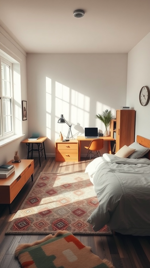 A bright small bedroom featuring a bed, desk, and area rug that defines the space.