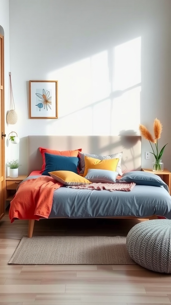 A cozy small bedroom featuring a bed with colorful pillows and a throw, with a pouf at the foot of the bed.