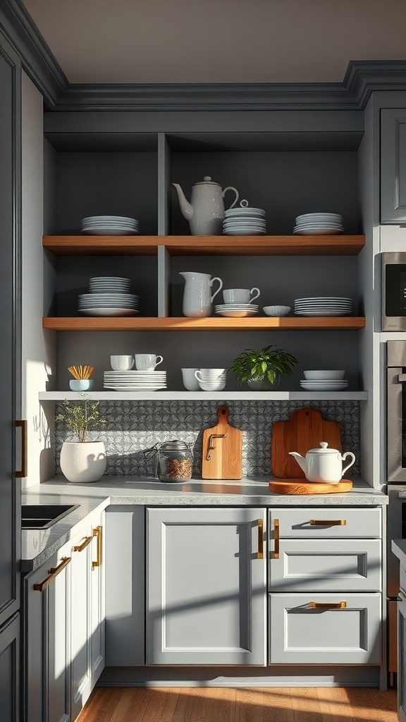 A modern kitchen featuring gray cabinets and open wooden shelving displaying white dishware and a plant.