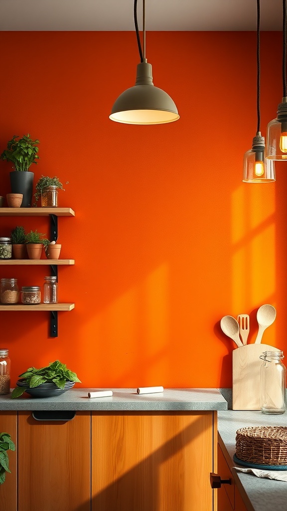 A kitchen with orange chalkboard walls displaying recipes and notes, featuring white cabinets and wooden accents.