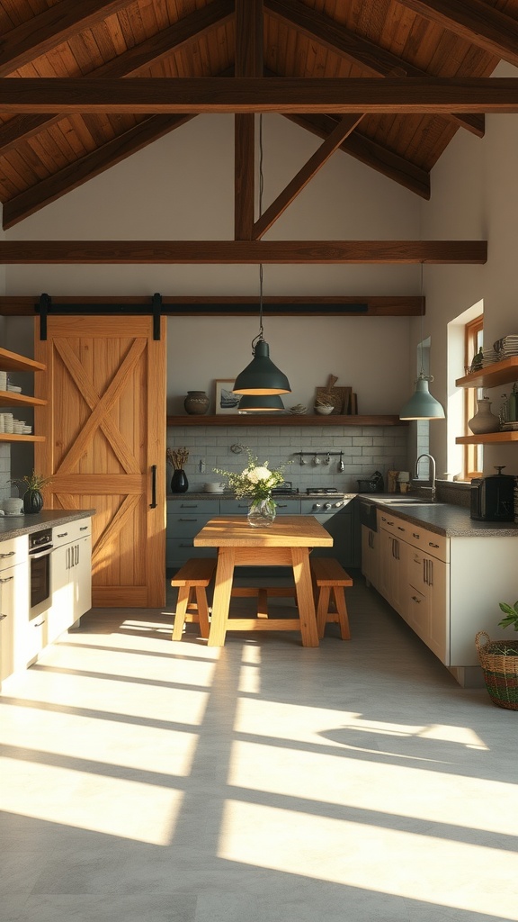 A rustic farmhouse kitchen featuring a wooden barn door, wooden beams, and a cozy dining table.