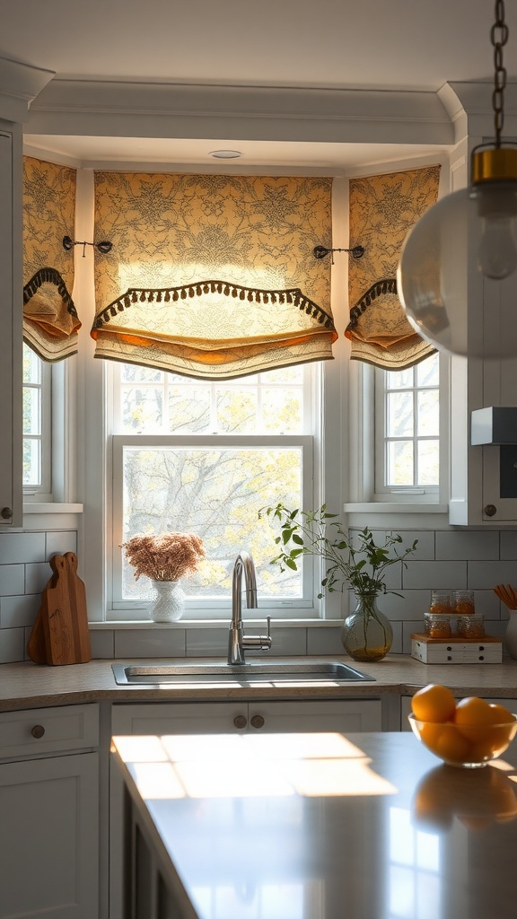 A cozy kitchen with golden fabric shades on the windows, showcasing a warm and inviting atmosphere.