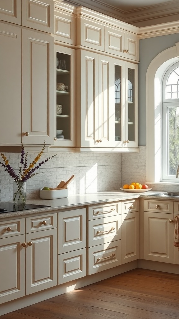 A kitchen featuring crisp ivory cabinets and warm wood flooring, illuminated by natural light.