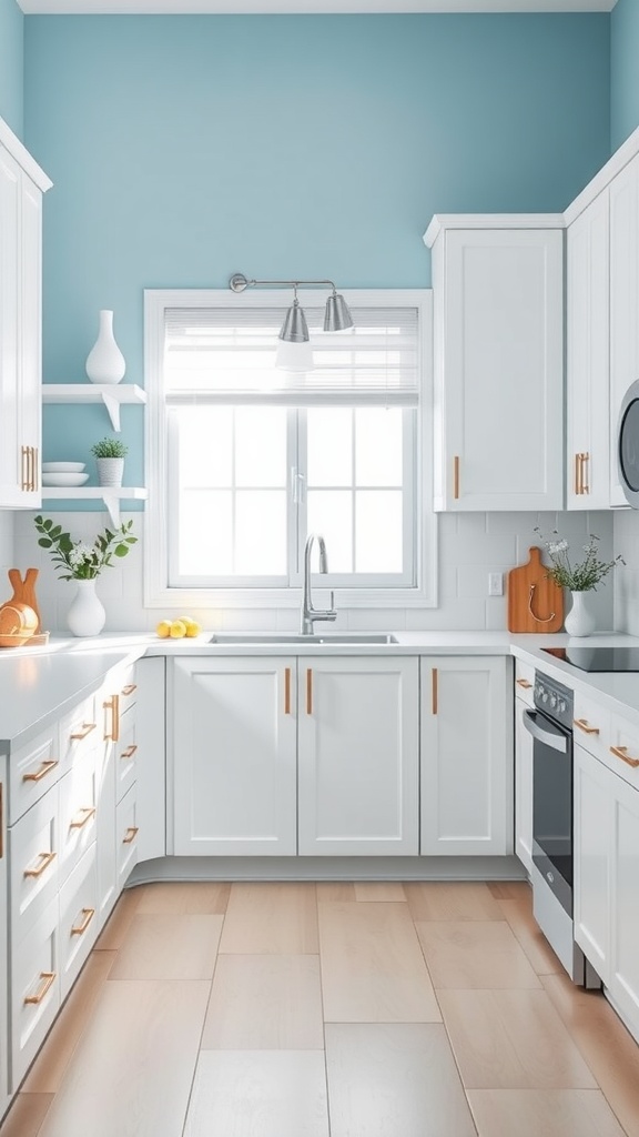 A modern kitchen with white cabinets and a soft blue wall, featuring natural light and stylish decor.