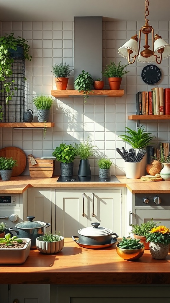 A well-decorated kitchen with wooden shelves, potted herbs, a clock, and pots on a countertop.