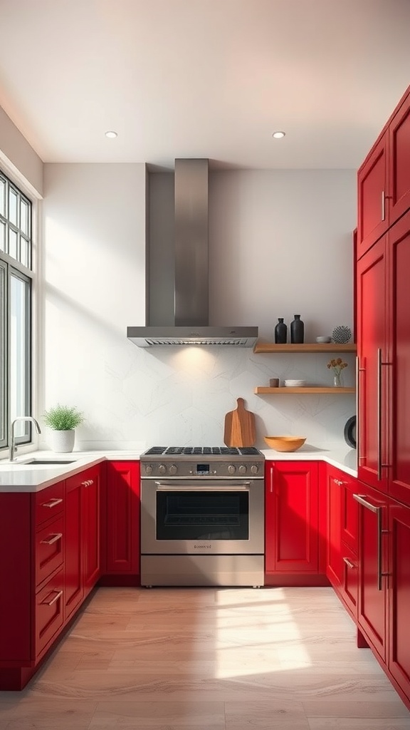 A modern kitchen featuring vibrant red cabinetry and a stainless steel oven.