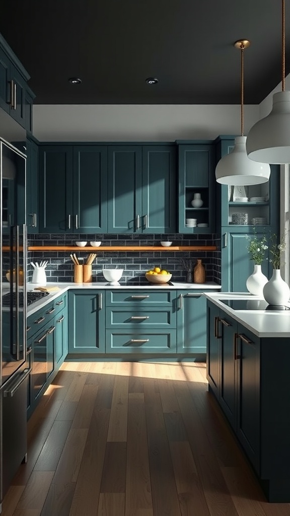 A modern kitchen featuring dark green cabinets, white countertops, and natural wood flooring.