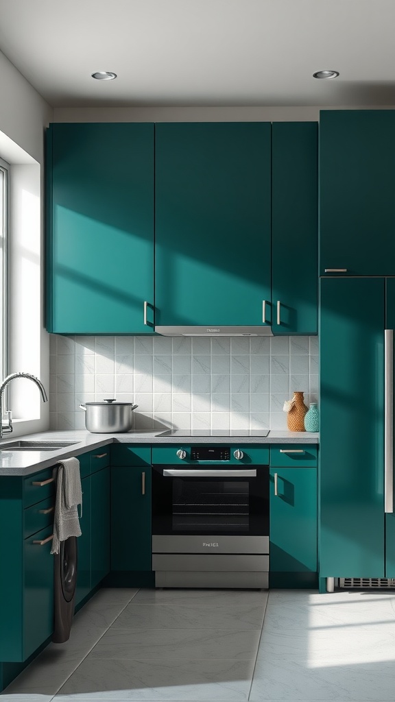 A modern kitchen featuring deep green cabinets, light countertops, and stainless steel appliances.