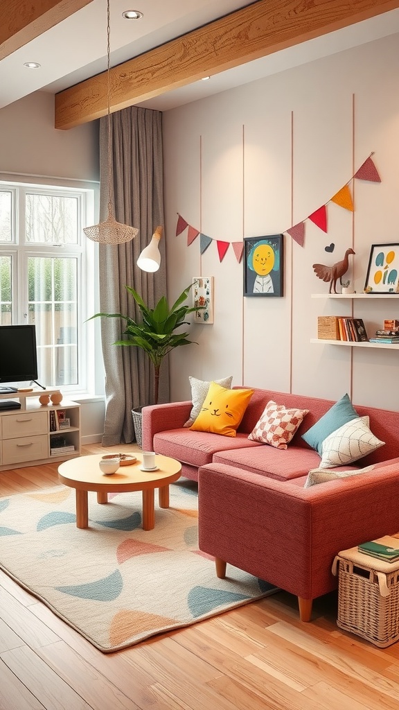 A brightly colored kid-friendly living room featuring cozy furniture and engaging decorations.