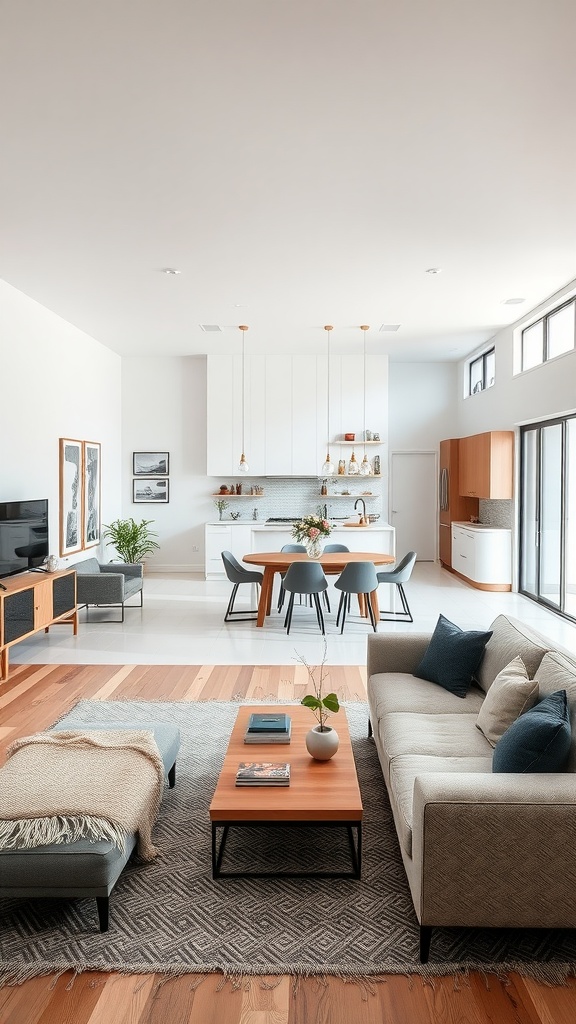 A modern open concept living room and dining area featuring a cozy couch, a wooden coffee table, and a dining set.