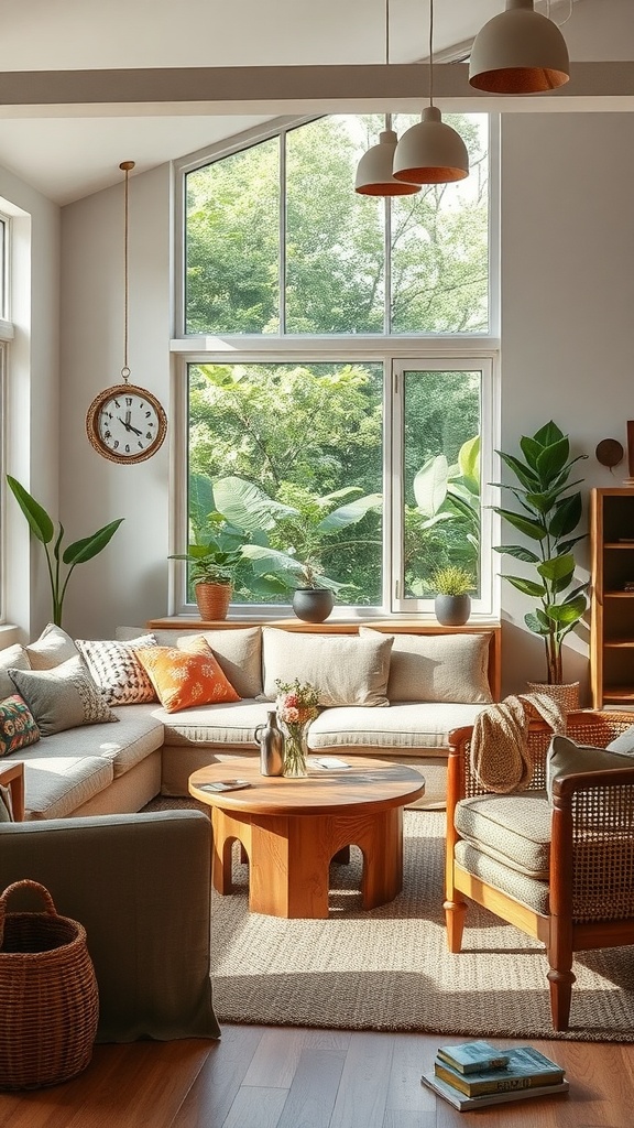 A stylish living room with plants, natural light, and eco-friendly furniture