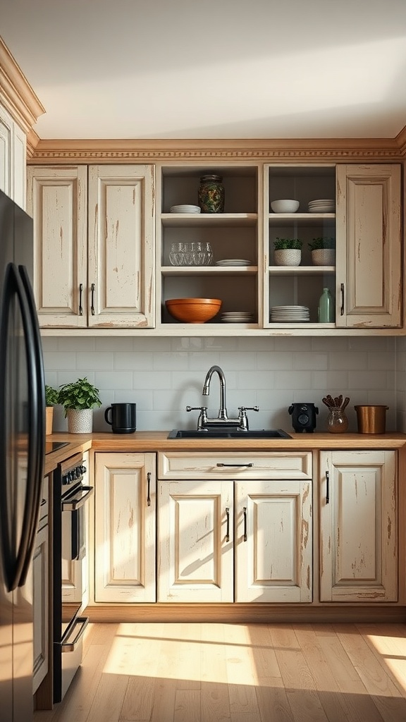 A rustic farmhouse kitchen featuring distressed cabinet finishes, wooden countertops, and open shelving with dishware and plants.