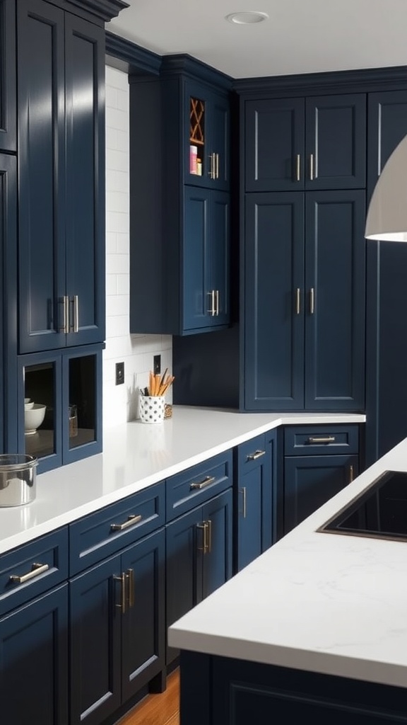 A modern kitchen featuring dramatic midnight blue cabinets with gold hardware and white countertops.