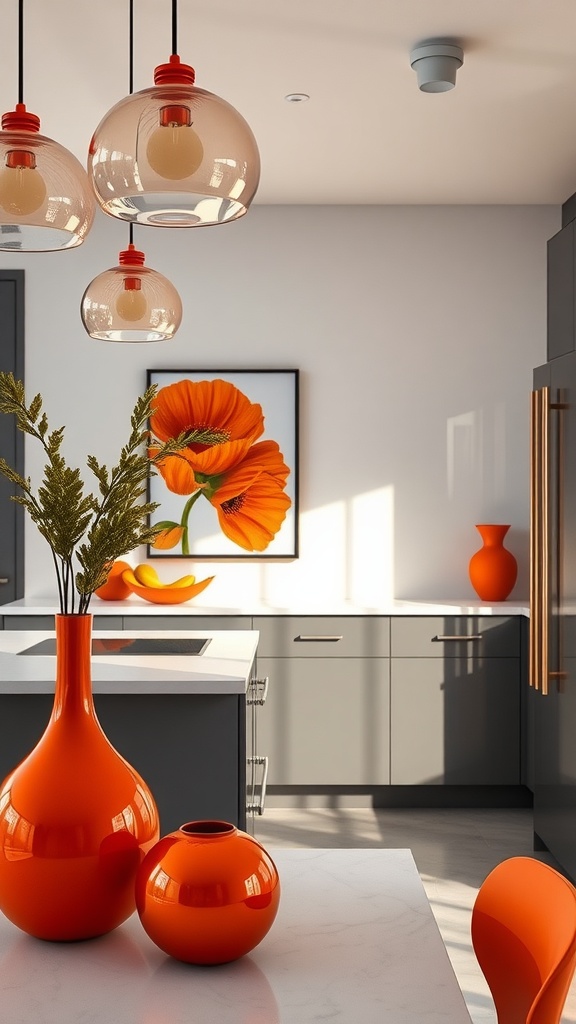 A modern kitchen featuring bold orange decor, including vases and artwork.