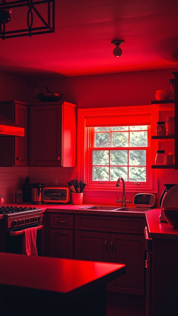 A modern kitchen with dramatic red lighting effects.