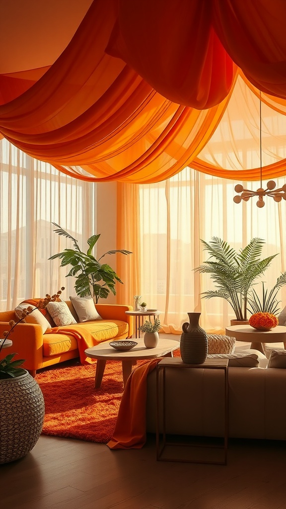 Bright orange living room with canopy, cozy furniture, and plants.