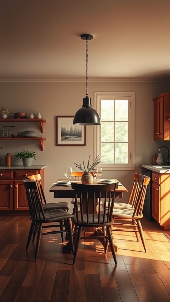 A cozy brown dining area with wooden furniture and a pendant light