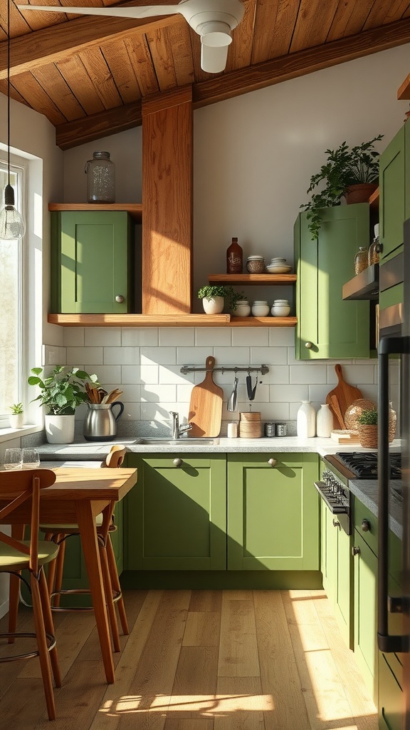 A cozy kitchen featuring earthy green cabinets and wooden accents.