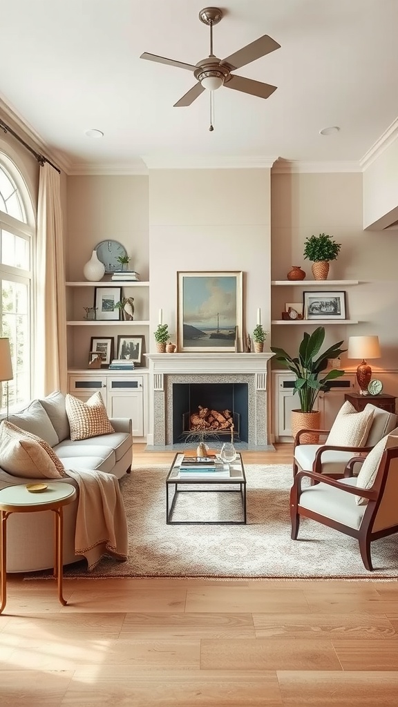 Eclectic beige living room with art, plants, and stylish furniture.