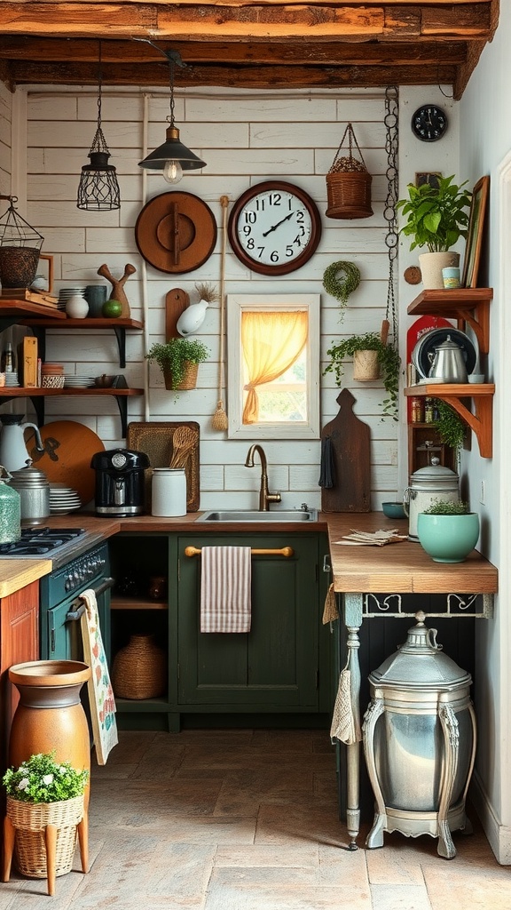 A rustic farmhouse kitchen with eclectic decor, showcasing wooden shelves filled with kitchenware, a clock, mirrors, and plants.