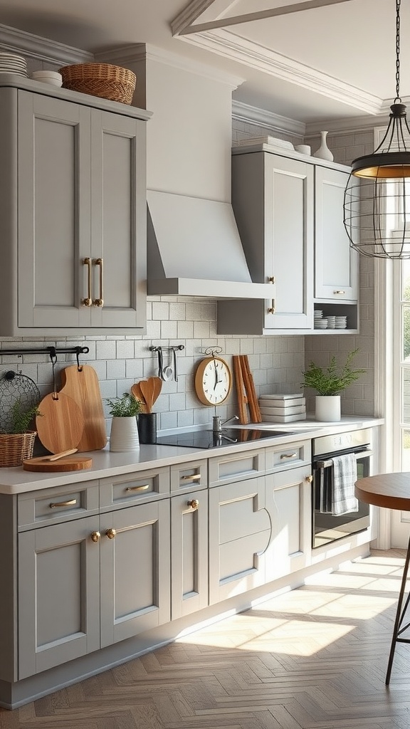 A light gray kitchen featuring eclectic design elements, wooden accents, and golden hardware.