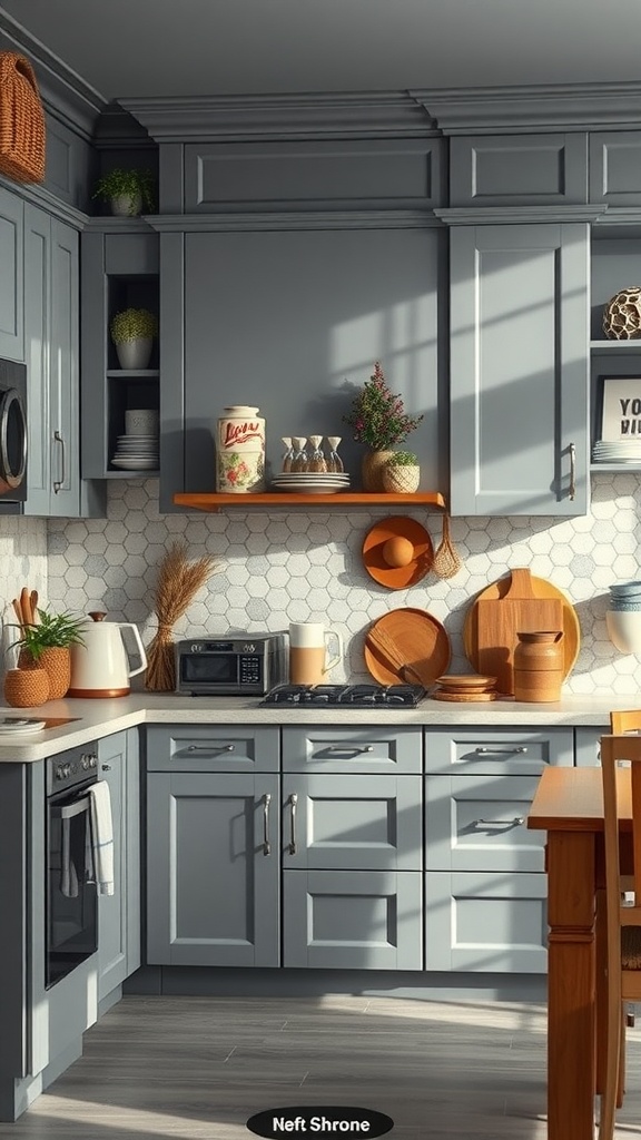 Kitchen with gray cabinets, wooden accents, and decorative items.