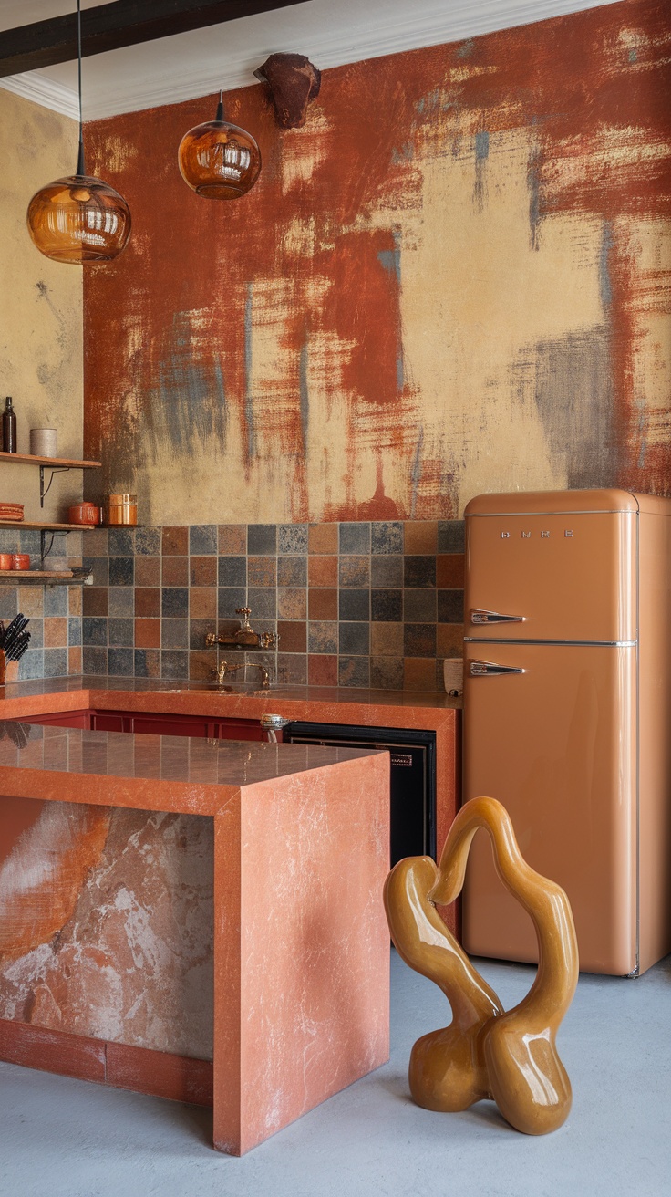 A cozy kitchen filled with eclectic orange elements, featuring vibrant decor and kitchenware.