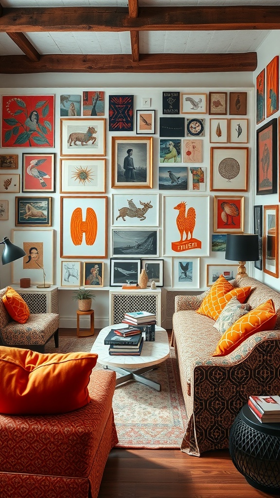 Eclectic living room featuring orange highlights with various framed artworks on the walls and patterned furniture.