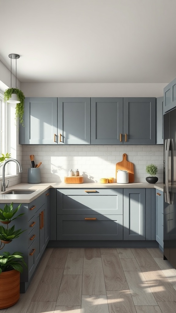 A modern kitchen featuring gray cabinets made from sustainable materials, complemented by wood accents and plants.