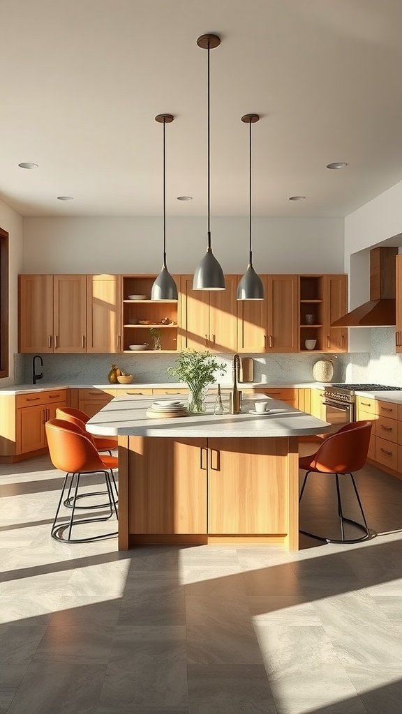 A modern kitchen featuring a central island with wooden cabinetry and stylish seating.