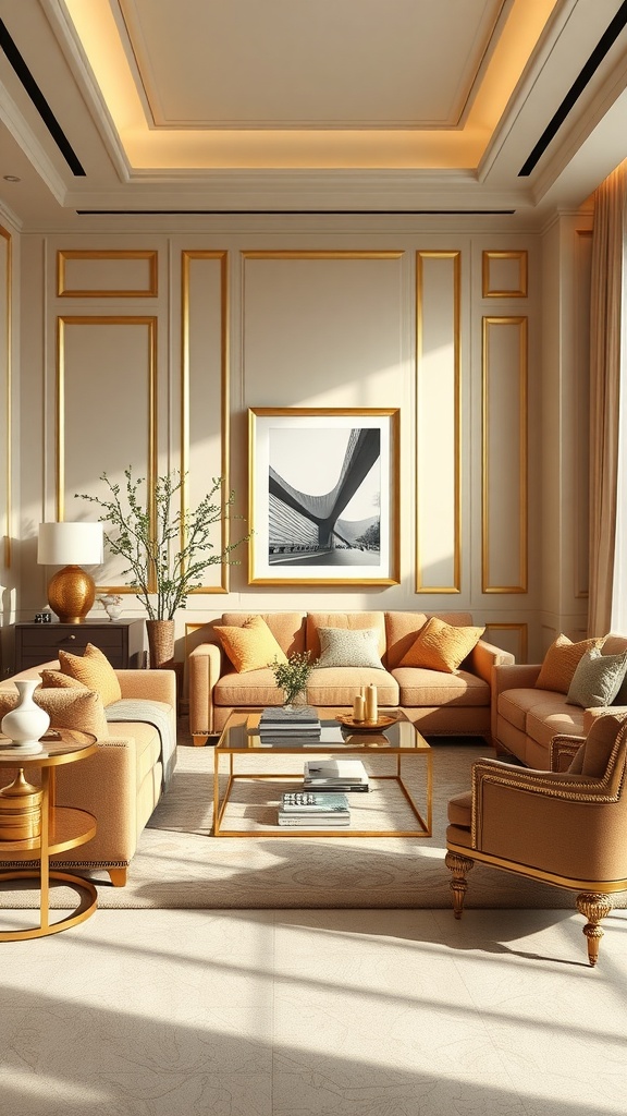 An elegant beige living room with gold accents, featuring plush sofas, a glass coffee table, and decorative elements.