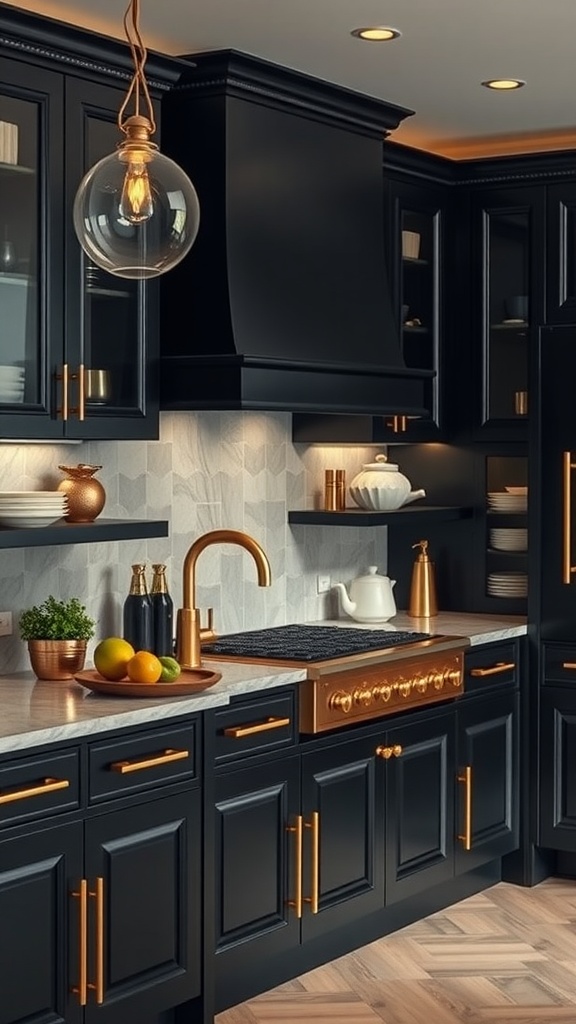 A modern kitchen with black cabinets and gold accents, featuring a stylish lighting fixture and decorative elements.